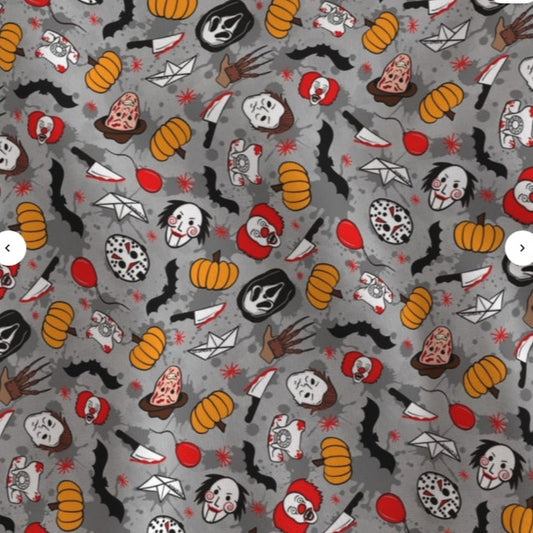 Halloween-themed pattern with pumpkins, ghosts, and other spooky elements on a gray background.